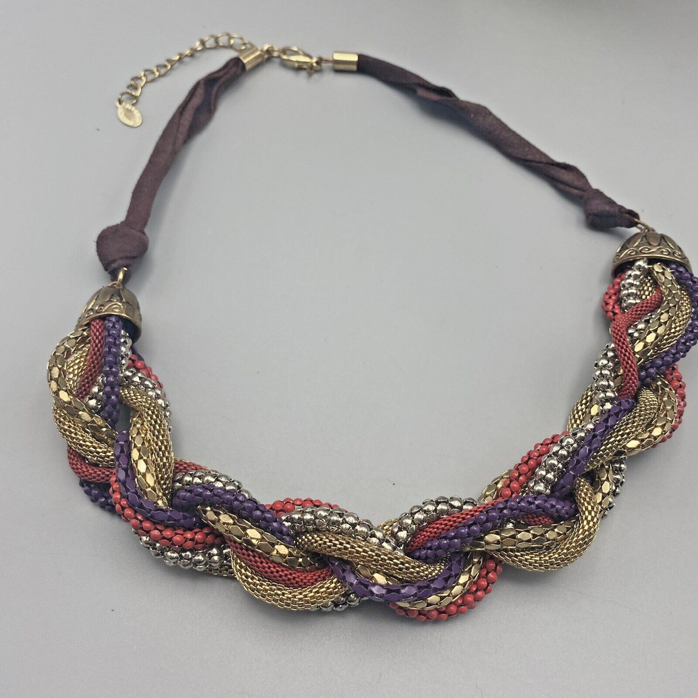 Ali-Khan Braided‎ Mesh Chain Beaded Ribbon Necklace Multicolor Metallic New York